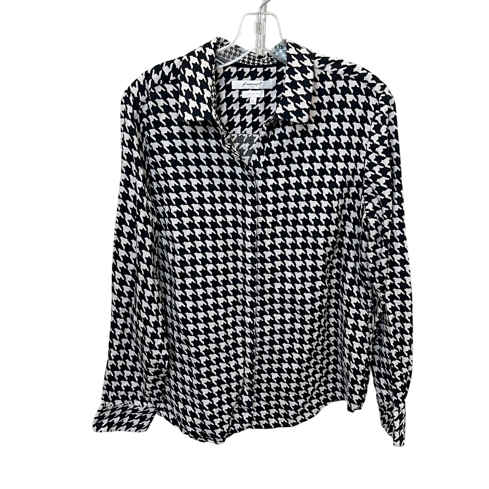 Foxcroft NYC Womens 14 Shaped Wrinkle Free Houndstooth Button Down Shirt Black